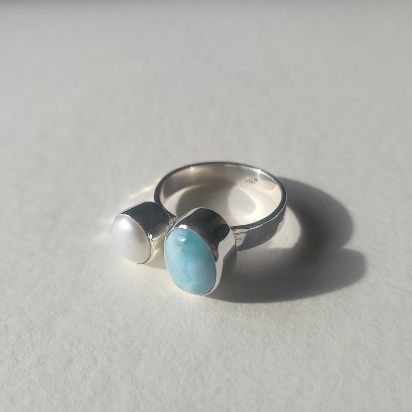 Silver open style ring with Pearl and Larimar stone
