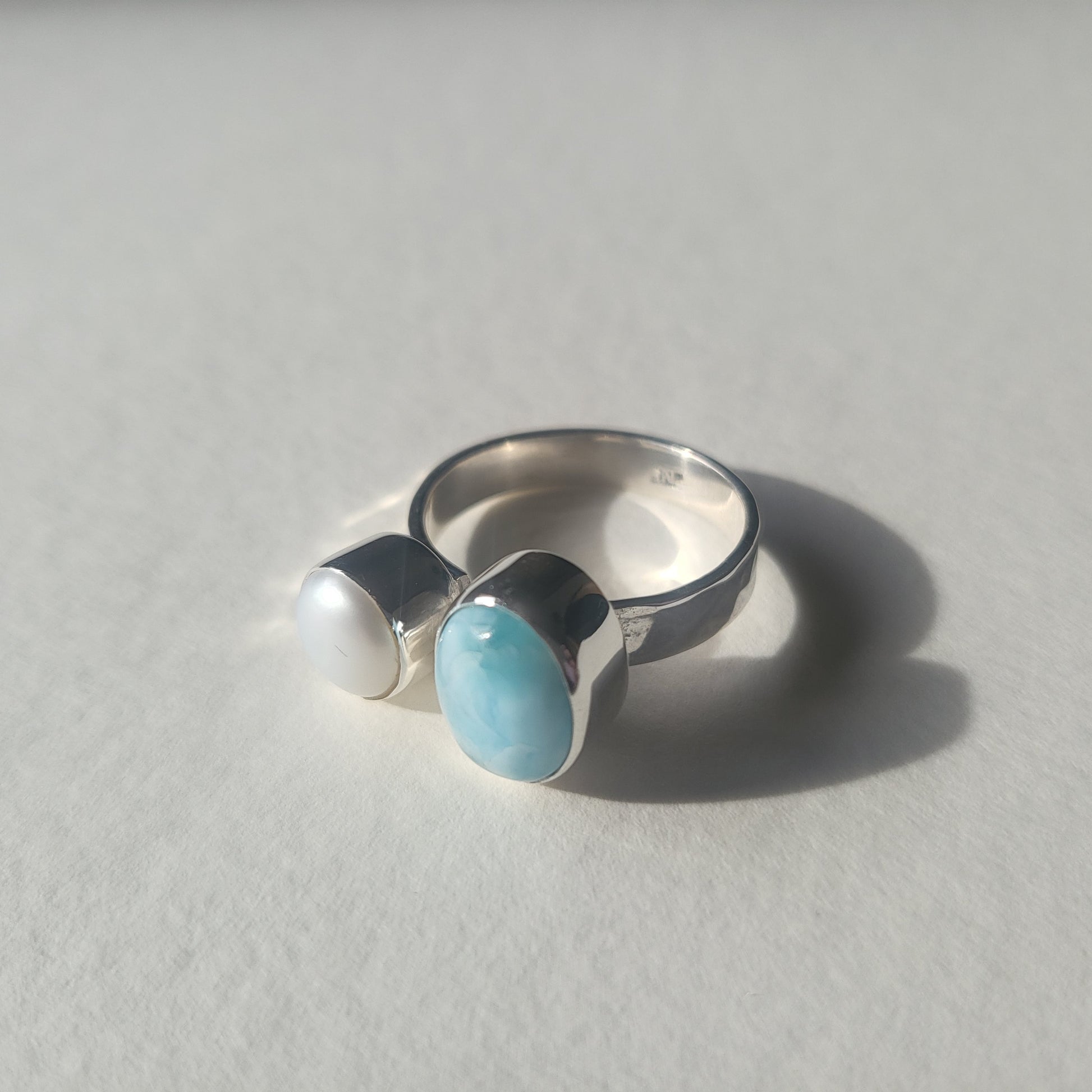 Silver open style ring with Pearl and Larimar stone 