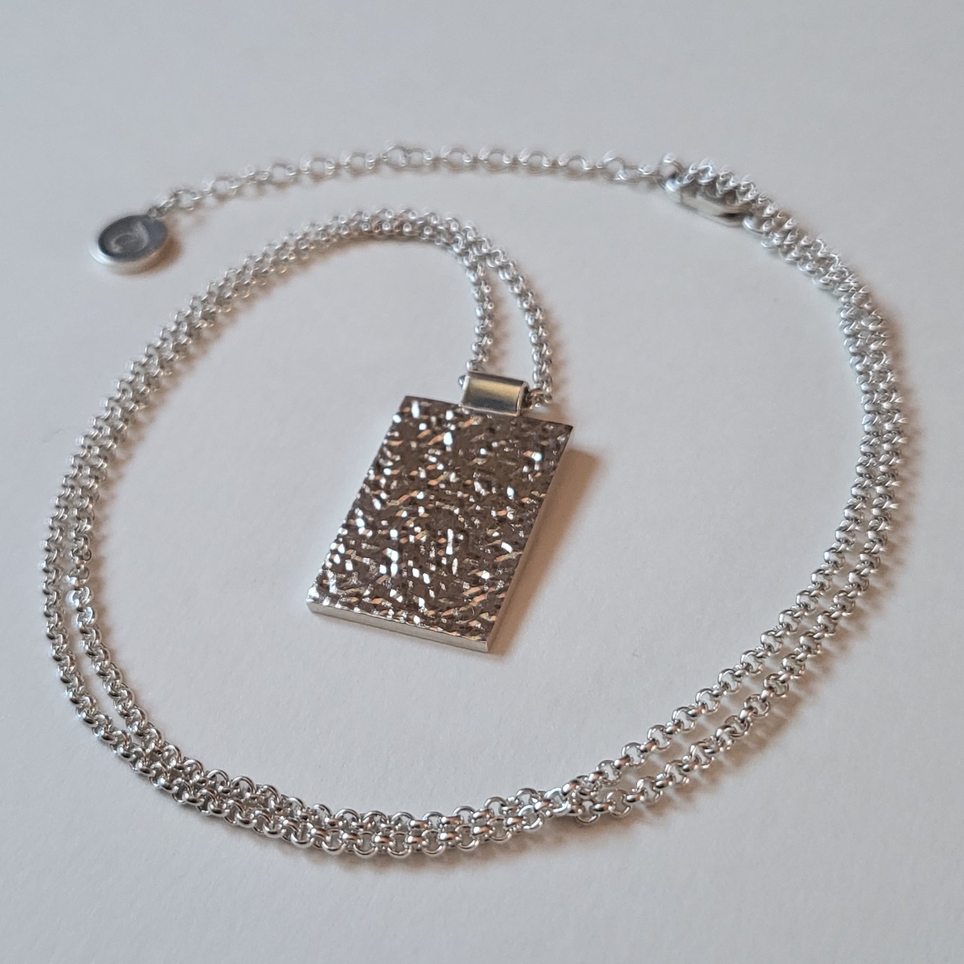 Silver necklace with a pendant on a light gray background